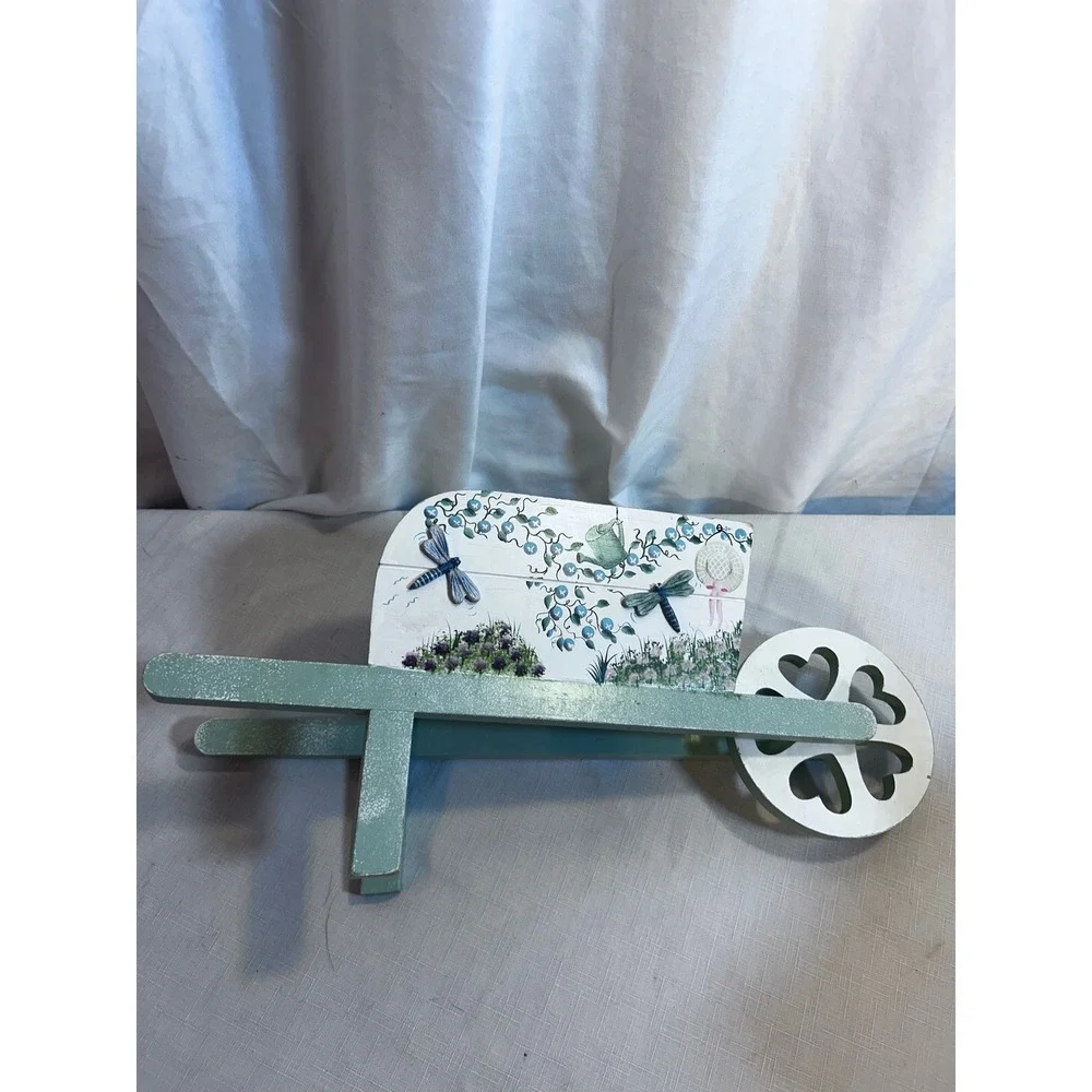 Unbranded Wooden Wheelbarrow Planter 14.5in Green Dragonfly Garden Decor
